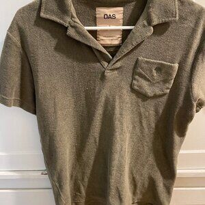 OAS Terry Cloth Short - Sleeve shirt in a size small and rich olive green shade.